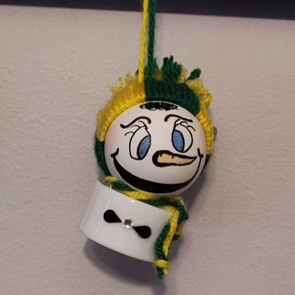 Handmade Light Up Smiling Snowman Ornament with Knit Beanie